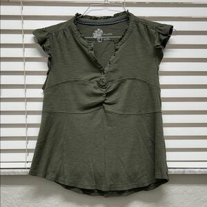 Pilcro Olive Green Ruffle Sleeve Gathered Henley Tank